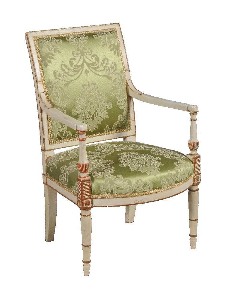 A French painted and parcel gilt open armchair, circa 1800