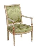 A French painted and parcel gilt open armchair, circa 1800