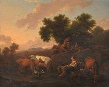 Flemish School (late 18th century)Cattle and drovers resting beside a river