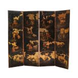 A Continental painted leather four fold screen, 19th century and later remounted
