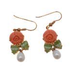 ϒ A pair of coral and nephrite earrings