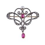 A synthetic ruby, diamond and pearl brooch
