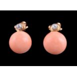 ϒ A pair of coral and diamond earrings