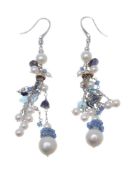 A pair of cultured pearl and sapphire earrings