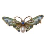 An enamel, sapphire, diamond and cultured pearl butterfly brooch