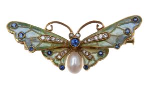 An enamel, sapphire, diamond and cultured pearl butterfly brooch