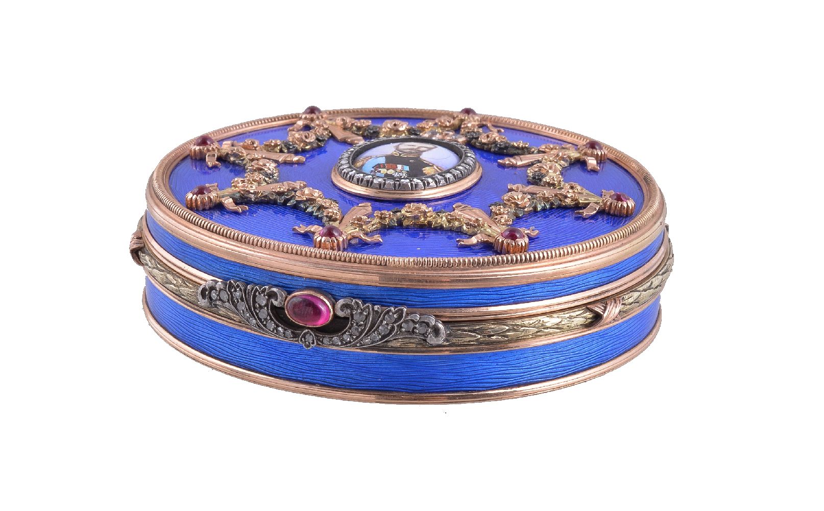 A Continental gold coloured, enamel and gem set circular box