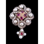 A Victorian ruby, diamond and pearl brooch