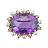 A late Victorian amethyst, diamond and pearl brooch