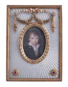 A Continental gold coloured, enamel and gem set miniature frame