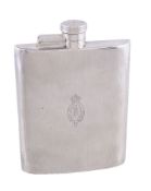 A silver rounded rectangular spirit flask