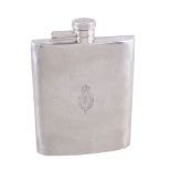 A silver rounded rectangular spirit flask