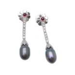 A pair of diamond, ruby and cultured pearl earrings