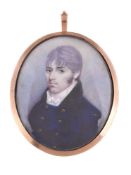 ϒ English Provincial School, circa 1800, portrait of a young gentleman wearing a blue coat