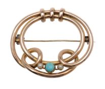 An early 20th century hooped turquoise and half pearl brooch