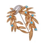 A 1970s turquoise and diamond foliate wreath brooch