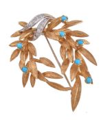 A 1970s turquoise and diamond foliate wreath brooch