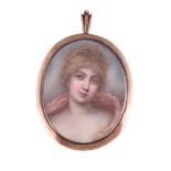 ϒ Attributed to Miss Catherine Gertrude Cruikshank, portrait of a young lady with a pink stole