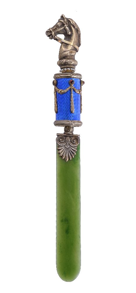 A Continental silver coloured gilt, enamel and nephrite paper knife