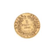 France, Napoleon III, gold 5-Francs 1858 A (KM782.1). Good fine, rare date