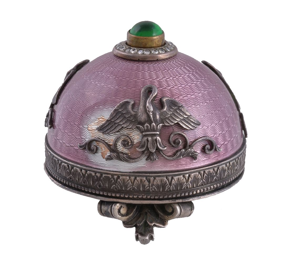 A Continental silver coloured gilt, enamel and gem set bell push