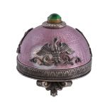 A Continental silver coloured gilt, enamel and gem set bell push