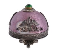 A Continental silver coloured gilt, enamel and gem set bell push