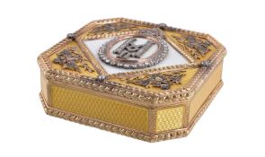 A Continental gold coloured, enamel and gem set box