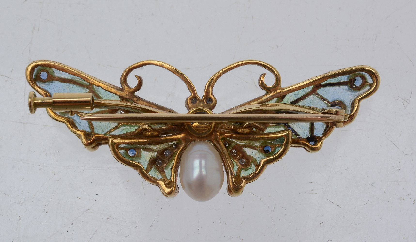 An enamel, sapphire, diamond and cultured pearl butterfly brooch - Image 2 of 2