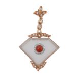 ϒ A rock crystal, coral and diamond pendant