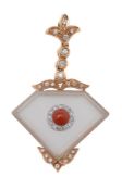 ϒ A rock crystal, coral and diamond pendant