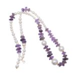 A cultured pearl and amethyst necklace