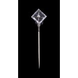 A 1930s rock crystal, pearl and rose cut diamond stickpin