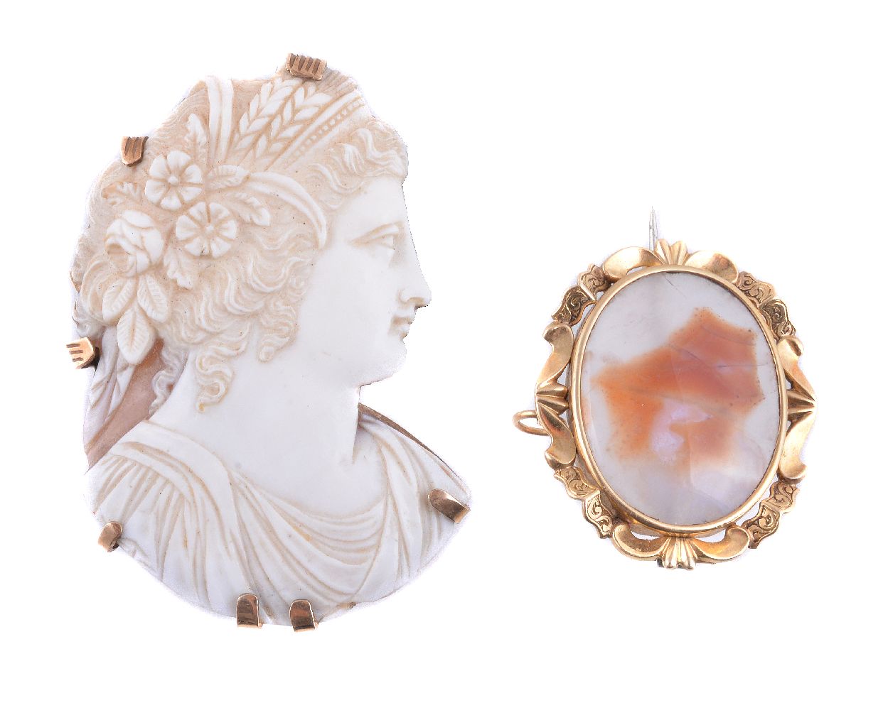 A shell cameo brooch, the shaped cameo carved with the profile of Flora