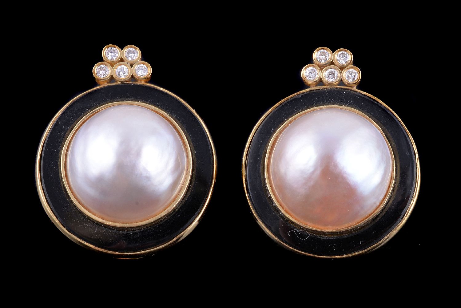 A pair of mabé pearl, diamond and onyx earrings