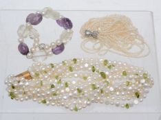 An amethyst, rock crystal and freshwater pearl necklace, composed of facetted amethyst and rock
