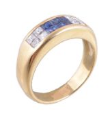 A sapphire and diamond ring, channel set with square cut sapphires, approximately 0.52 carats total,