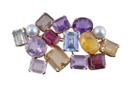 A multi gem set brooch, the brooch set with vari cut stones