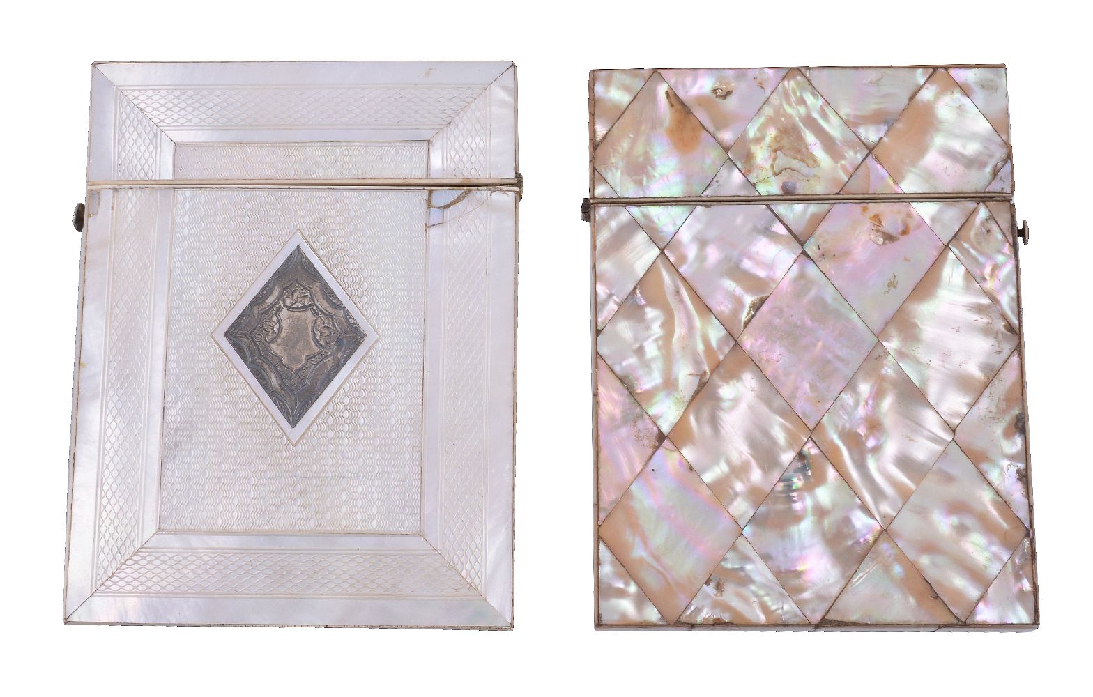 ϒ Two Victorian mother of pearl veneered card cases, one with an inset silver coloured lozenge