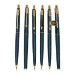 Parker, Classic, a jade lacque fountain pen, a roller ball pen and four propelling pencils