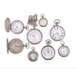 A collection of eight silver, silver coloured and white metal pocket watches