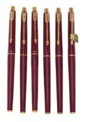 Parker, Classic, three tourmaline lacque fountain pens and three roller ball pens