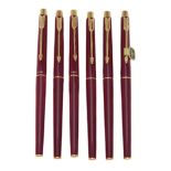 Parker, Classic, three tourmaline lacque fountain pens and three roller ball pens