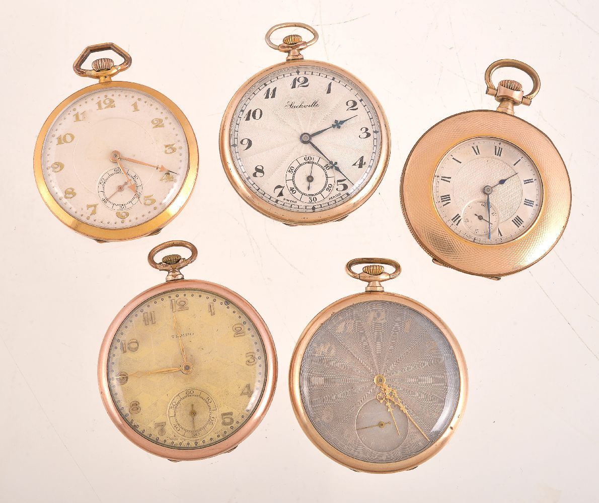 A collection of five gold plated slim line pocket watches