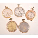 A collection of five gold plated slim line pocket watches
