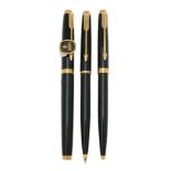 Parker, 75, a black laque fountain pen, ballpoint pen and propelling pencil