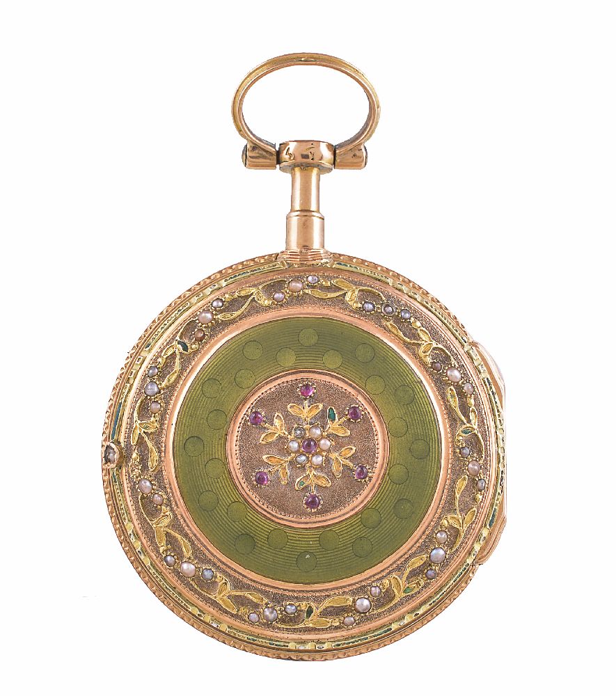 Romilly, A. Paris,Gold coloured and enamel open face pocket watch - Image 2 of 3