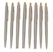 Parker, Classic, two stainless steel fountain pens, a roller ball pen, a ball point pen and four pro