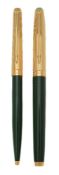 Parker, 75 Custom, a green laque fountain pen and ballpoint pen