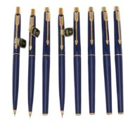 Parker, Classic, two sapphire lacque fountain pens, three roller ball pens and three propelling penc
